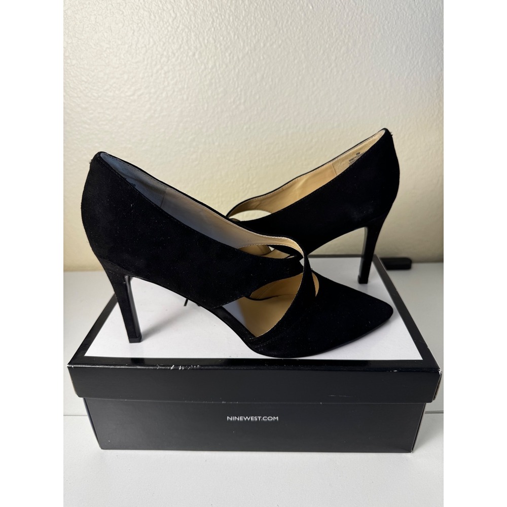 Nine West TO DIE FOR Black Suede Cross Strap Pointed Toe Heels Women 8 Office